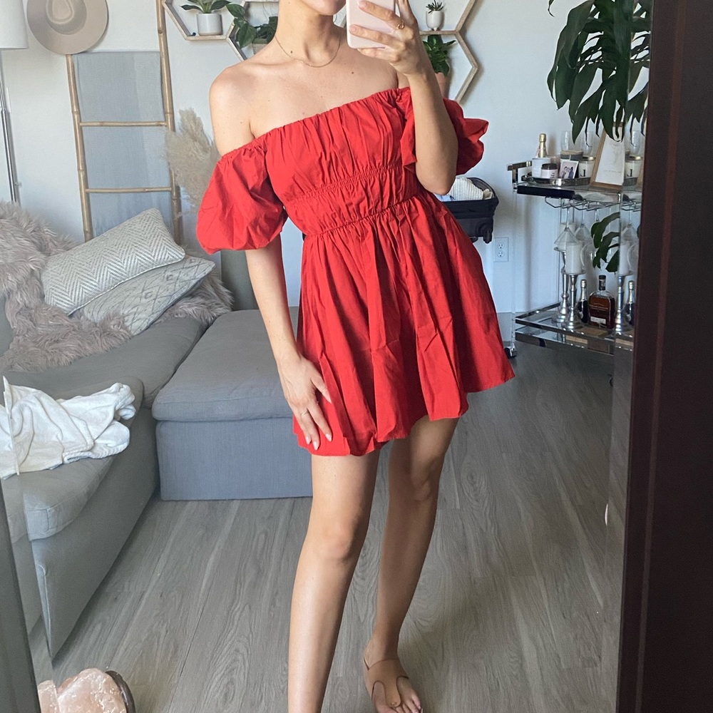 Red sun dress with puff sleeves